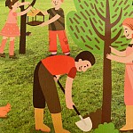 Ein gezeichnetes Bild von einer Gruppe von Menschen die einen Baum einpflanzen und ein Vogelhaus aufhängen.