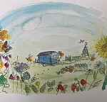 Ein gezeichnetes Bild von einem Garten mit Gemüsebeeten, Blumen und einem Bauwagen.