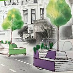Ein retuschiertes Bild mit zwei gezeichneten mobilen Pflanzkästen auf einer Straße