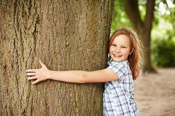 Ein Kind das einen großen Baumstamm umarmt.