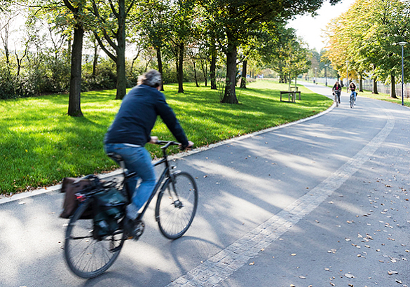 Ein Radfahrer fährt auf einem Radweg in einer Grünanlage