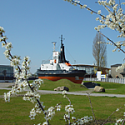 Blick auf ein Schiff vom Park aus